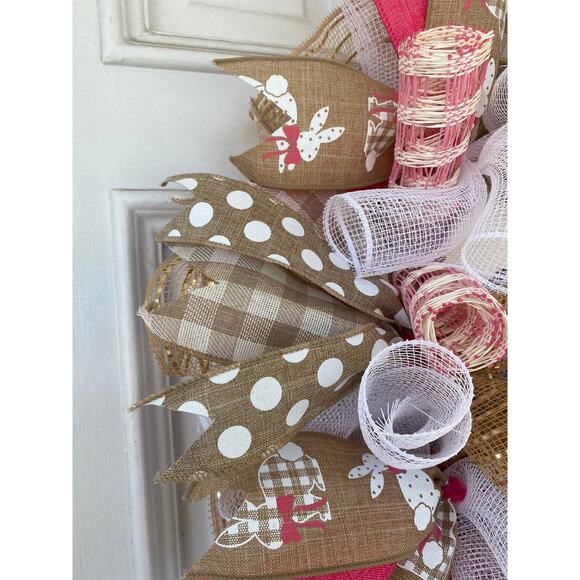 Welcome Bunnies Burlap Buffalo Check Easter Spring Deco Mesh & Ribbon Wreath - Picture 9 of 11